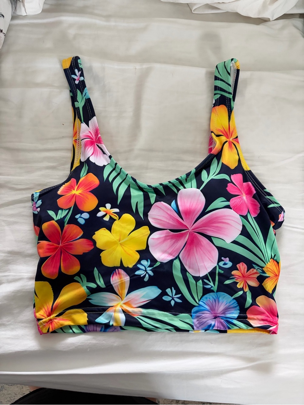 Amazon Tropical print  Crop Tank Top - Navy with Pink, Yellow & Green